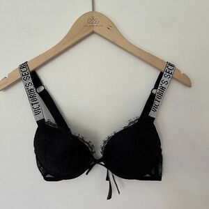 Victoria's Secret Bombshell Push Up Bra Black Lace Rhinestone Logo Strap 34A